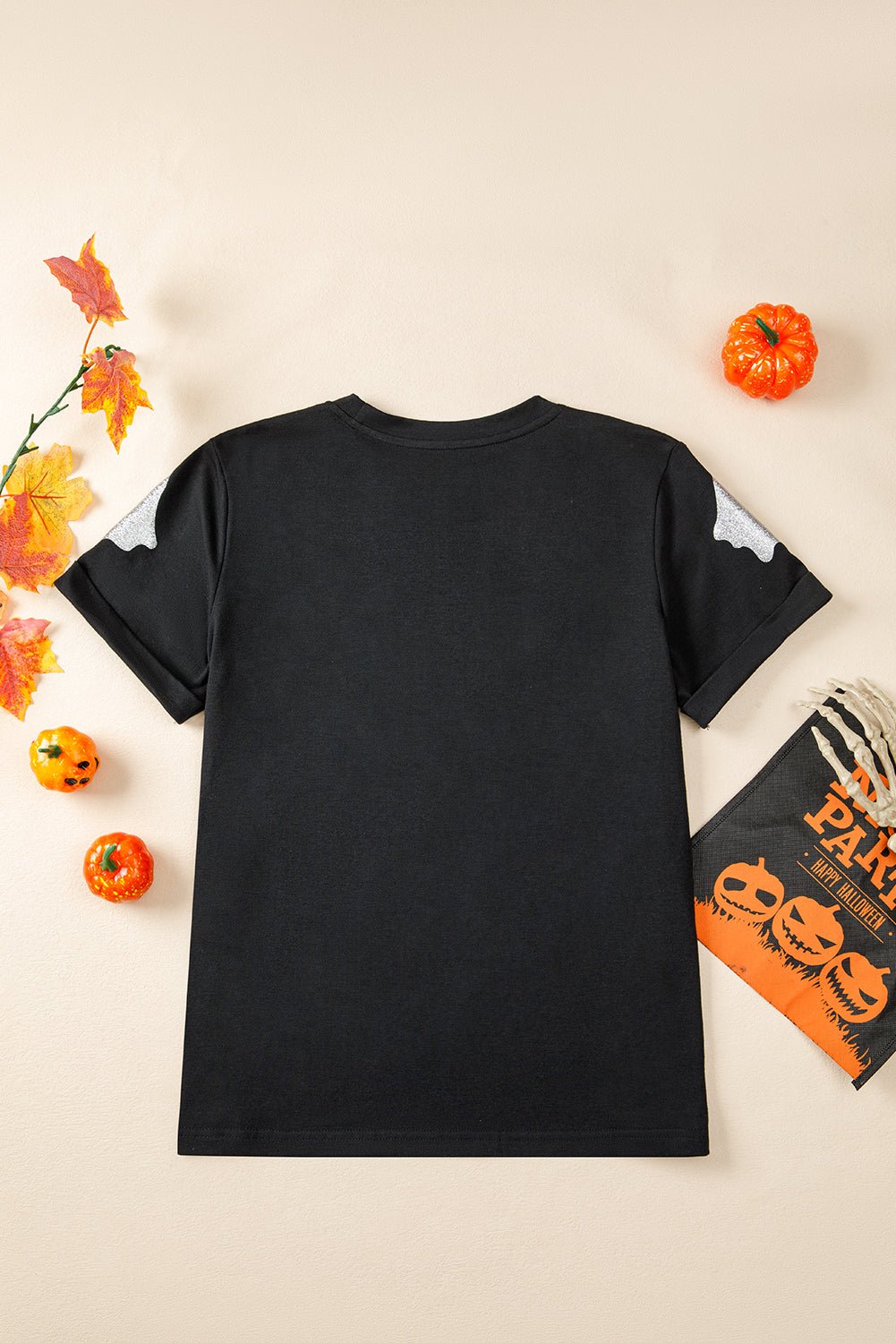 Black Glitter Ghost Pattern Crew Neck Halloween T Shirt - Goddess Vibes