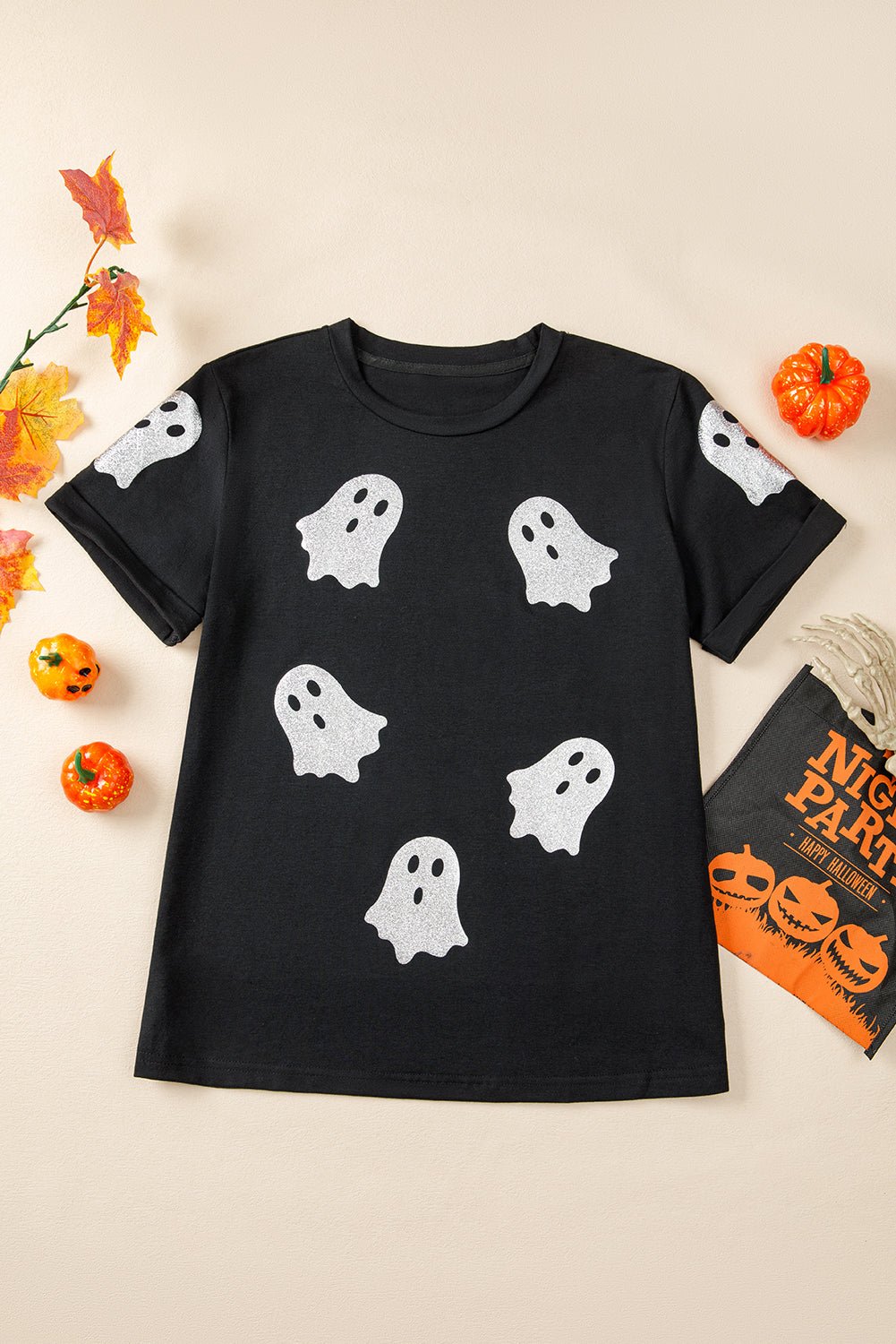 Black Glitter Ghost Pattern Crew Neck Halloween T Shirt - Goddess Vibes
