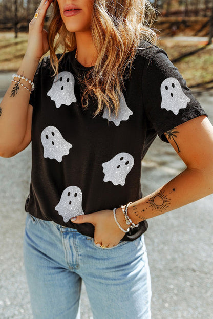 Black Glitter Ghost Pattern Crew Neck Halloween T Shirt - Goddess Vibes