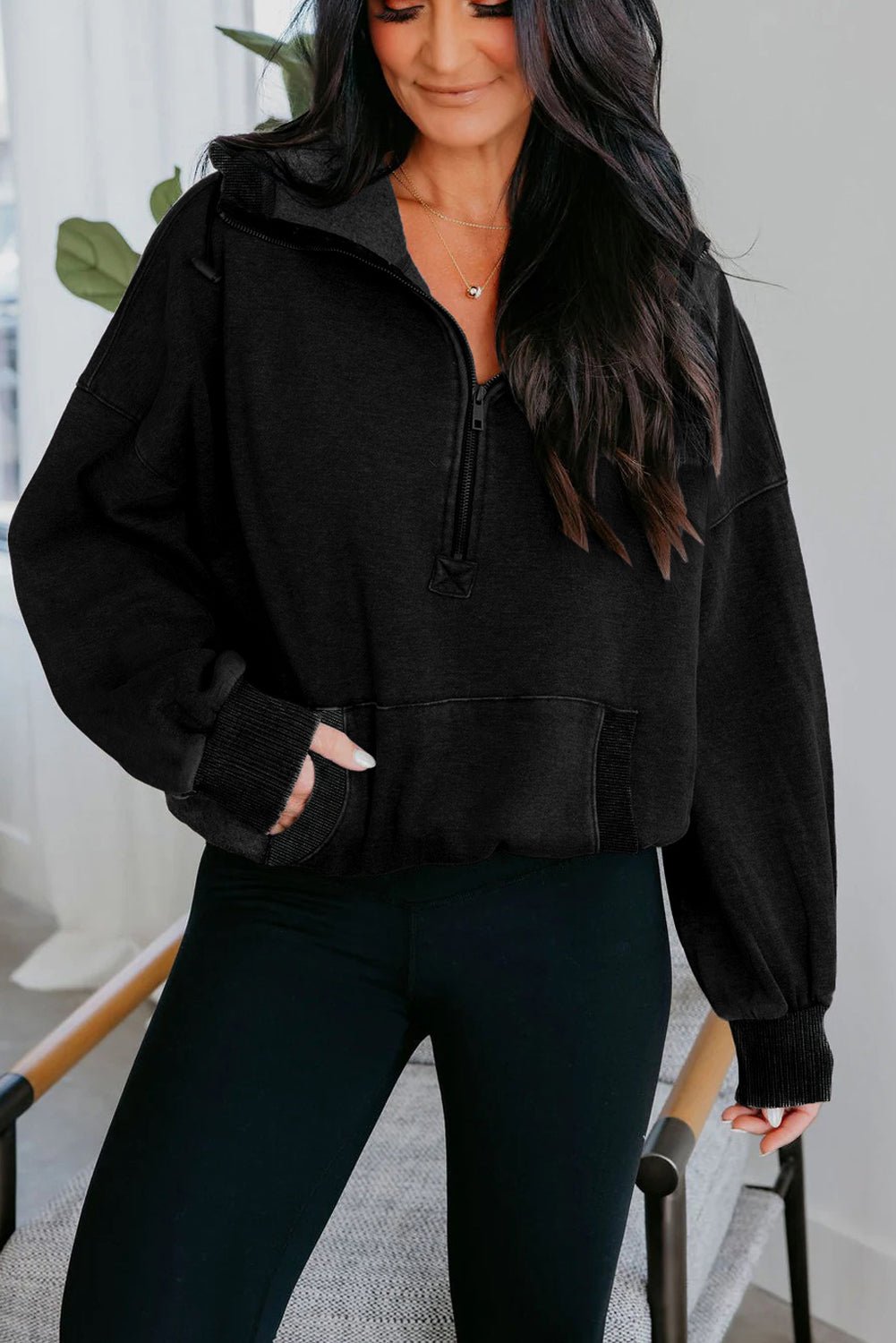 Black Half Zip Kangaroo Pocket Mineral Wash Baggy Hoodie - Crowned Energy CO.