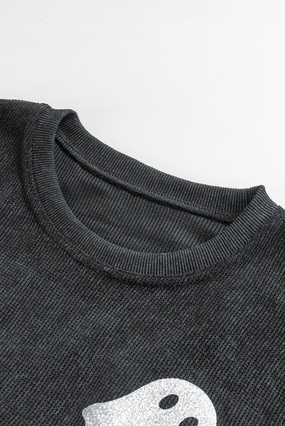 Black Halloween Ghost Corded Crew Neck Loose Sweatshirt - Goddess Vibes