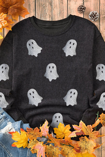 Black Halloween Ghost Corded Crew Neck Loose Sweatshirt - Goddess Vibes