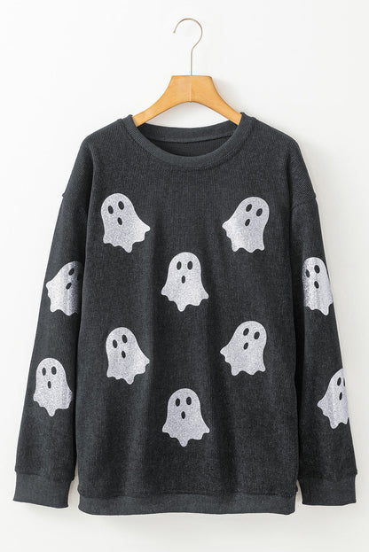 Black Halloween Ghost Corded Crew Neck Loose Sweatshirt - Goddess Vibes