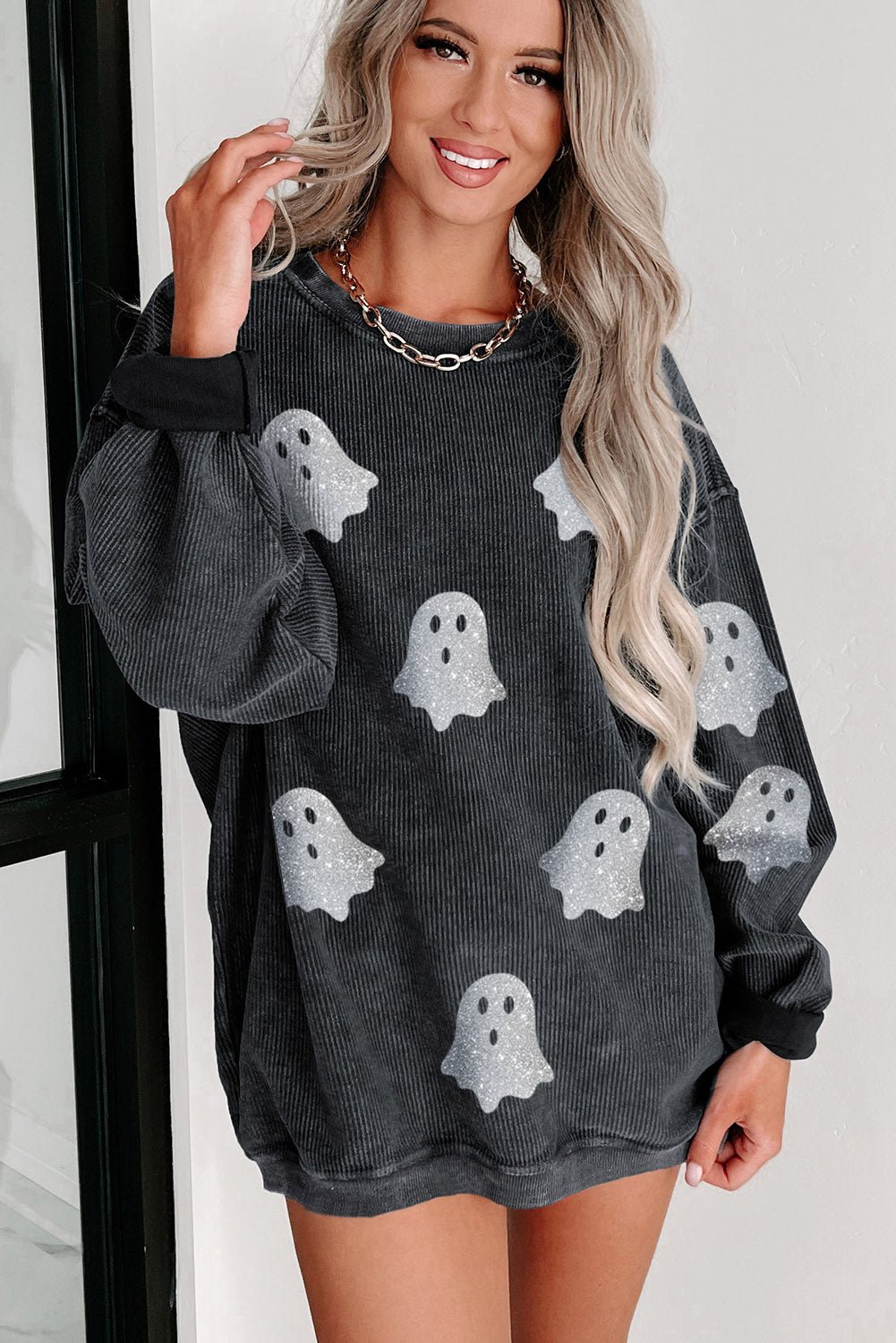 Black Halloween Ghost Corded Crew Neck Loose Sweatshirt - Goddess Vibes