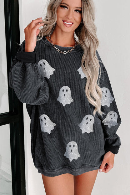 Black Halloween Ghost Corded Crew Neck Loose Sweatshirt - Goddess Vibes