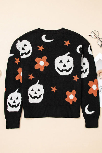 Black Halloween Mythical Night Pattern Drop Shoulder Sweater - Goddess Vibes