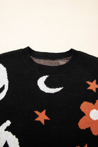 Black Halloween Mythical Night Pattern Drop Shoulder Sweater - Goddess Vibes