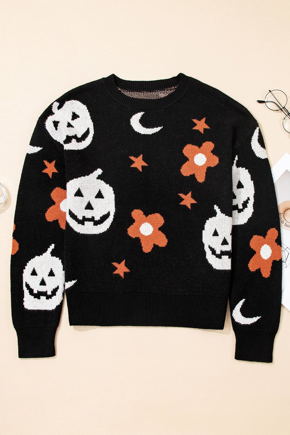 Black Halloween Mythical Night Pattern Drop Shoulder Sweater - Goddess Vibes