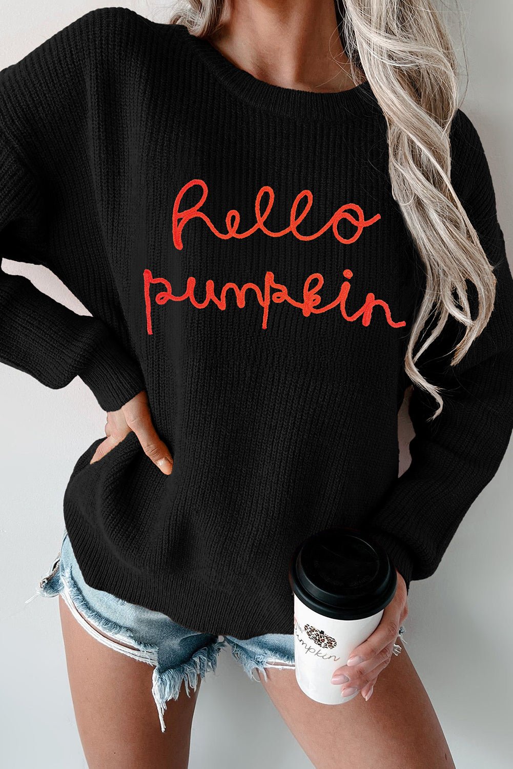 Black Hello Pumpkin Graphic Sweater - Goddess Vibes