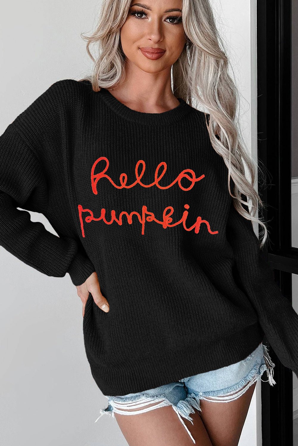 Black Hello Pumpkin Graphic Sweater - Goddess Vibes