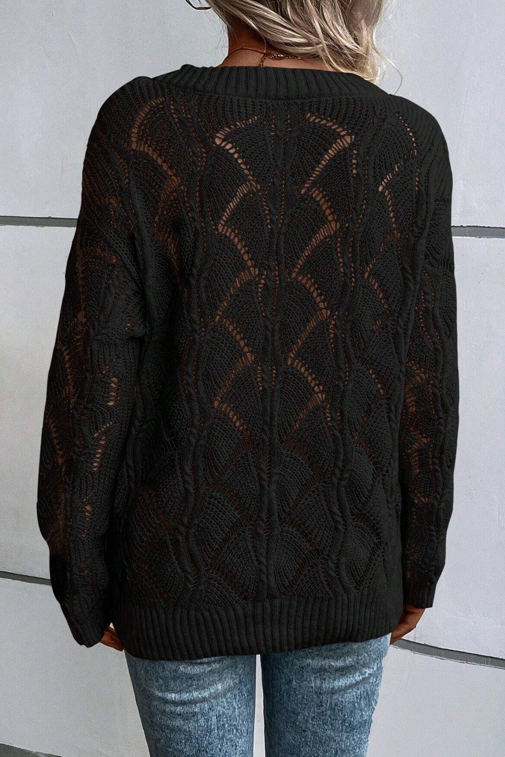 Black Hollow Out Knit V Neck Drop Shoulder Sweater - Crowned Energy CO.
