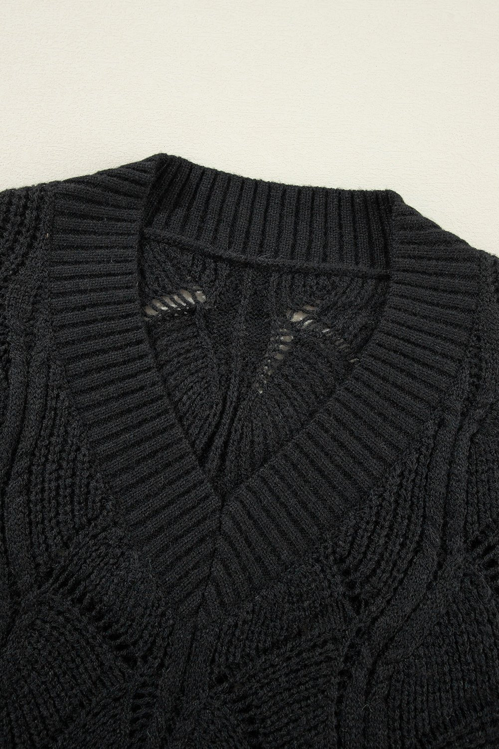 Black Hollow Out Knit V Neck Drop Shoulder Sweater - Crowned Energy CO.