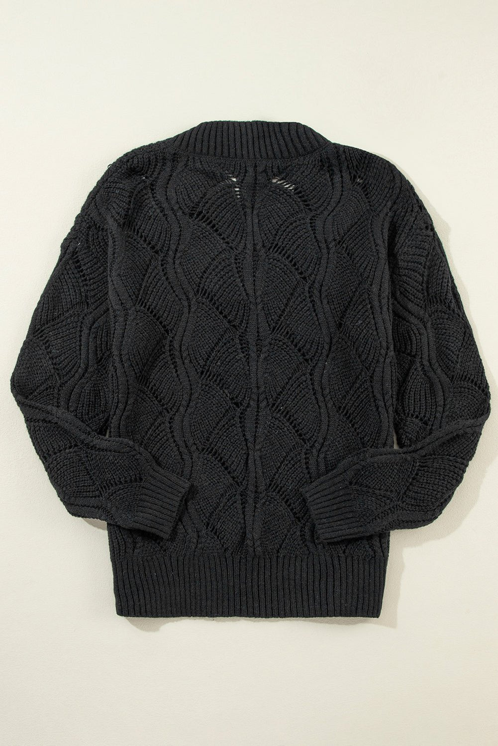 Black Hollow Out Knit V Neck Drop Shoulder Sweater - Crowned Energy CO.