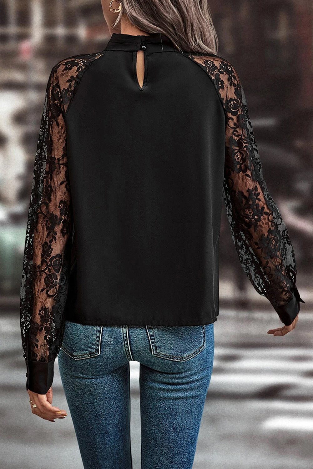 Black Keyhole Neckline Floral Lace Raglan Sleeve Blouse - Goddess Vibes