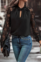 Black Keyhole Neckline Floral Lace Raglan Sleeve Blouse - Goddess Vibes