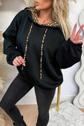 Black Leopard Contrast Drawstring Hood Drop Shoulder Loose Top - Crowned Energy CO.