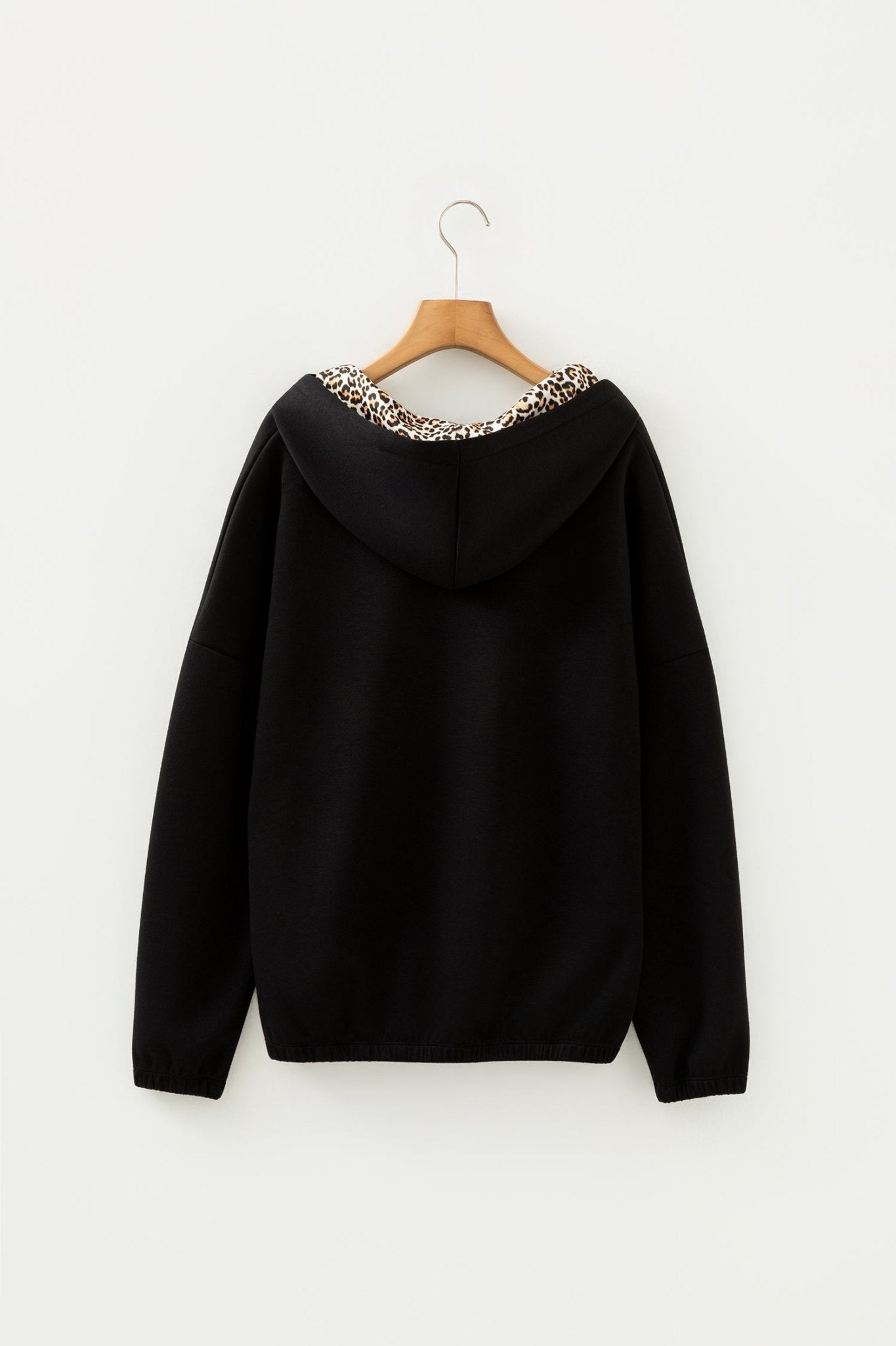 Black Leopard Contrast Drawstring Hood Drop Shoulder Loose Top - Crowned Energy CO.