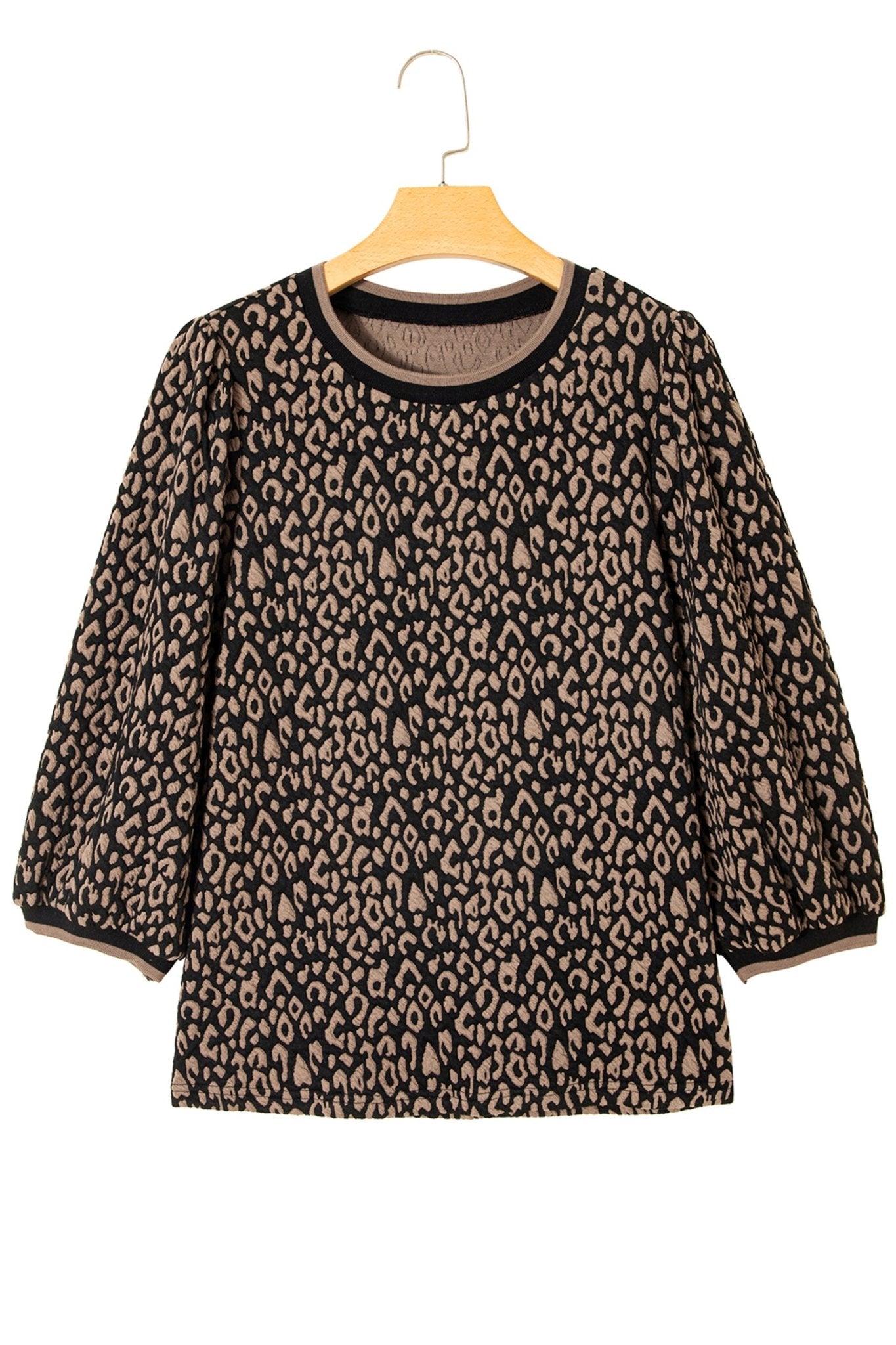 Black Leopard Print Puffy Bracelet Sleeve Contrast Trim Round Neck Top - Crowned Energy CO.