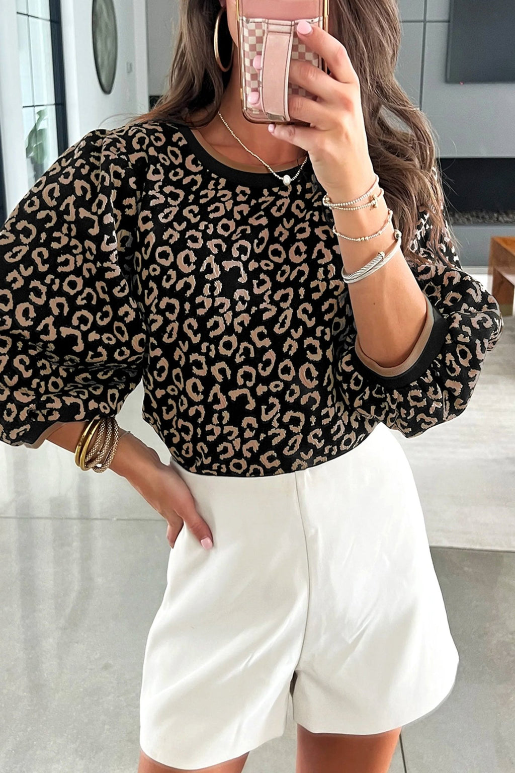 Black Leopard Print Puffy Bracelet Sleeve Contrast Trim Round Neck Top - Crowned Energy CO.