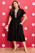 Black Leopard V Neck Patchwork Smocked Waist Plus Size Ruffled Dress - Crowned Energy CO.