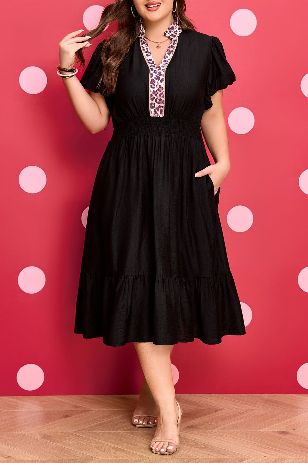 Black Leopard V Neck Patchwork Smocked Waist Plus Size Ruffled Dress - Crowned Energy CO.