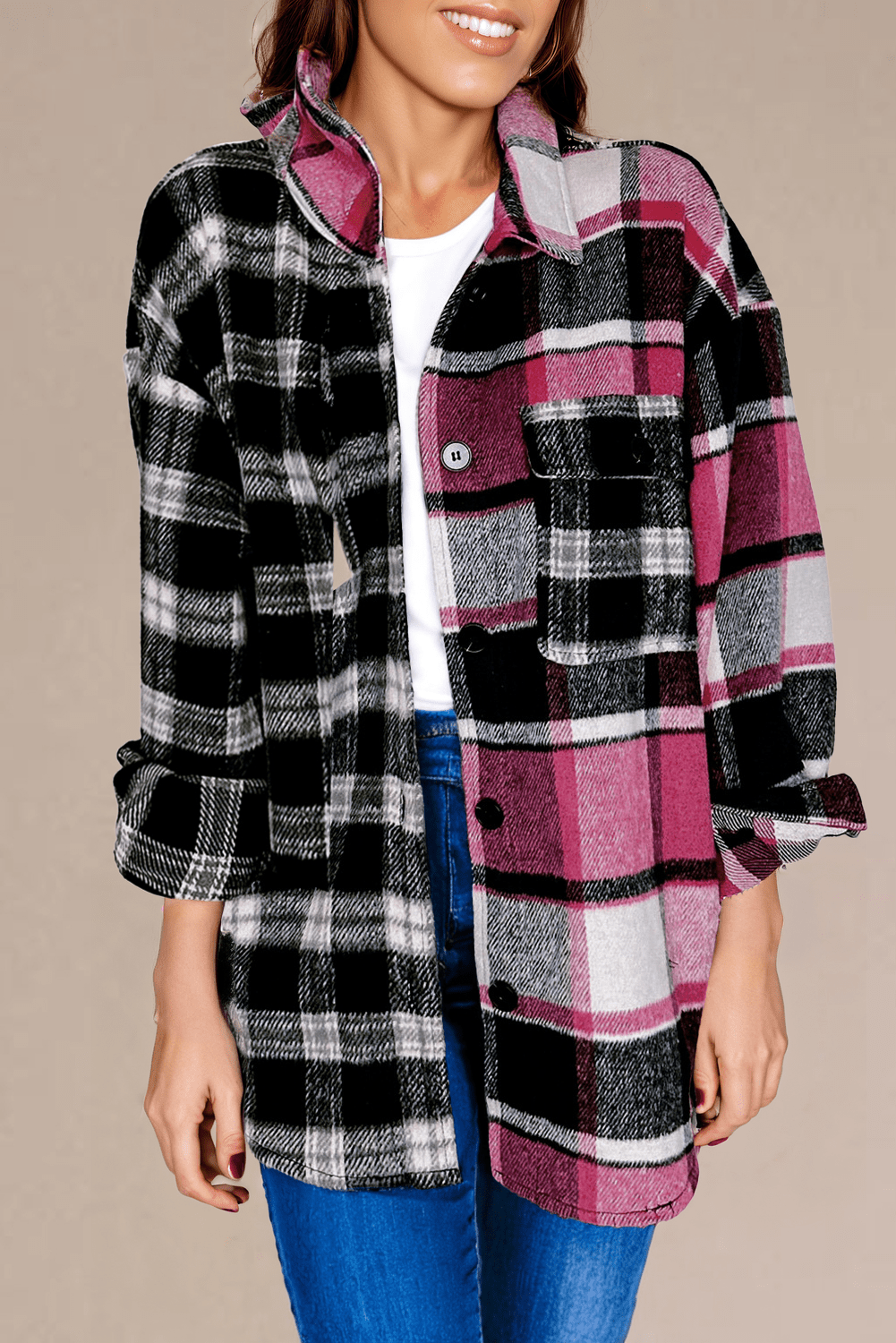 Black Plaid Colorblock Loose Shacket - Goddess Vibes
