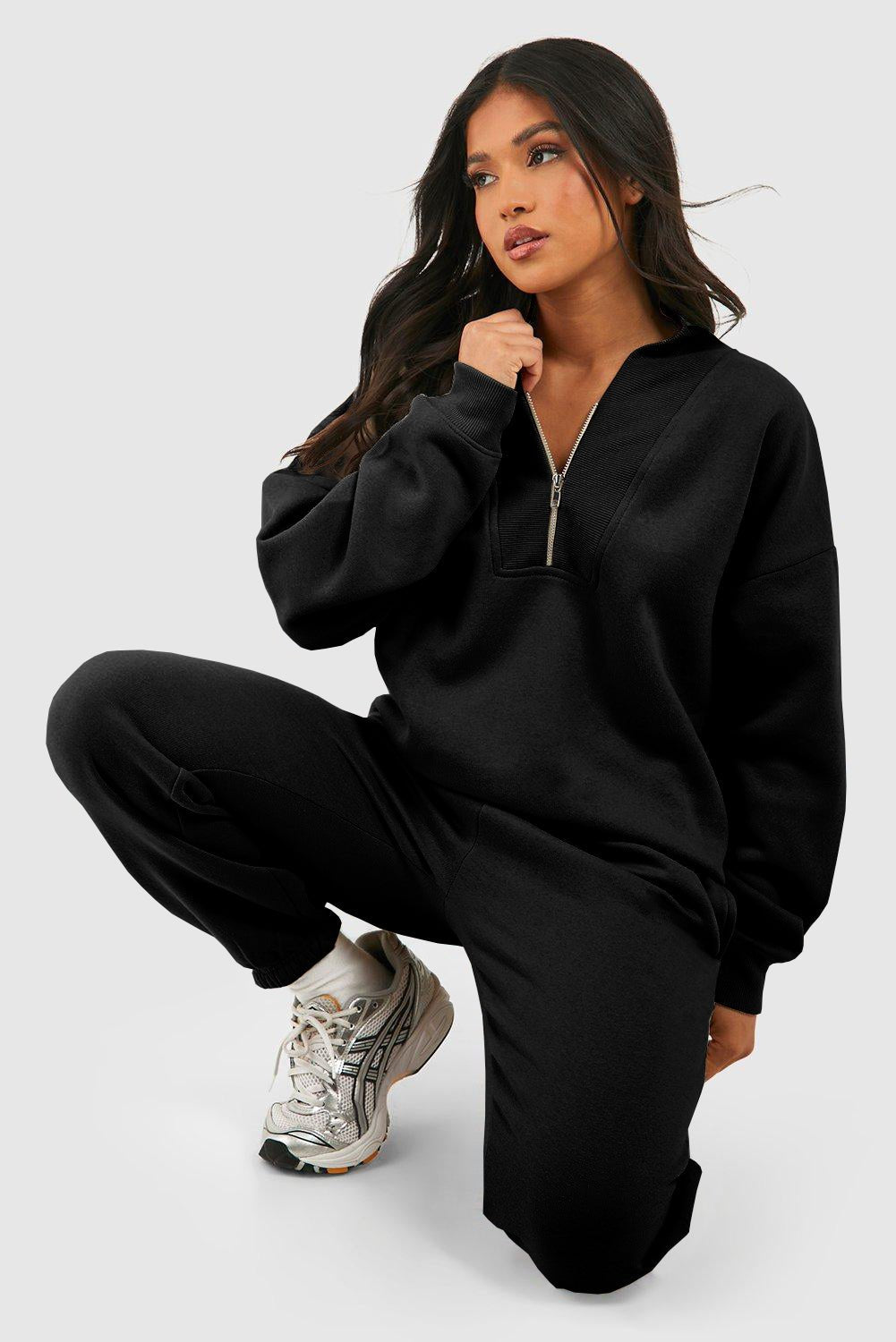 Black Plain Half Zip V Neck Ribbed Edge Loose Tracksuit - Goddess Vibes
