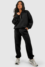 Black Plain Half Zip V Neck Ribbed Edge Loose Tracksuit - Goddess Vibes