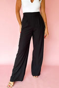 Black Pleated Detail Pull On High Elastic Waist Loose Straight Pants - Crowned Energy CO.