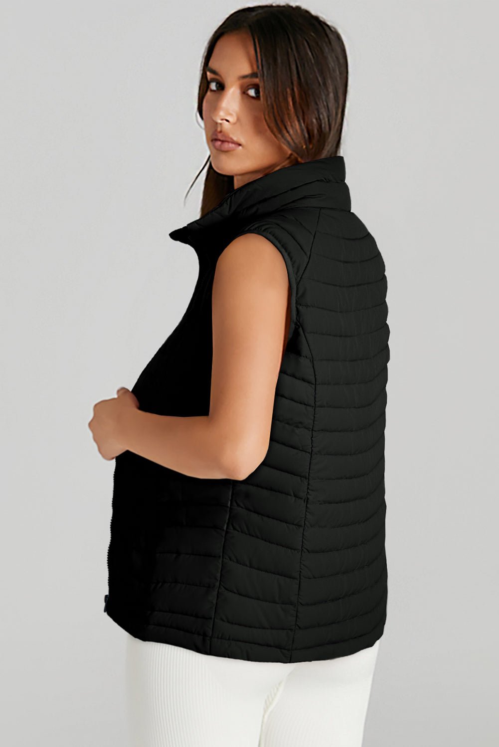 Black Plush Collared Quilted Zipped Puffer Vest - Crowned Energy CO.