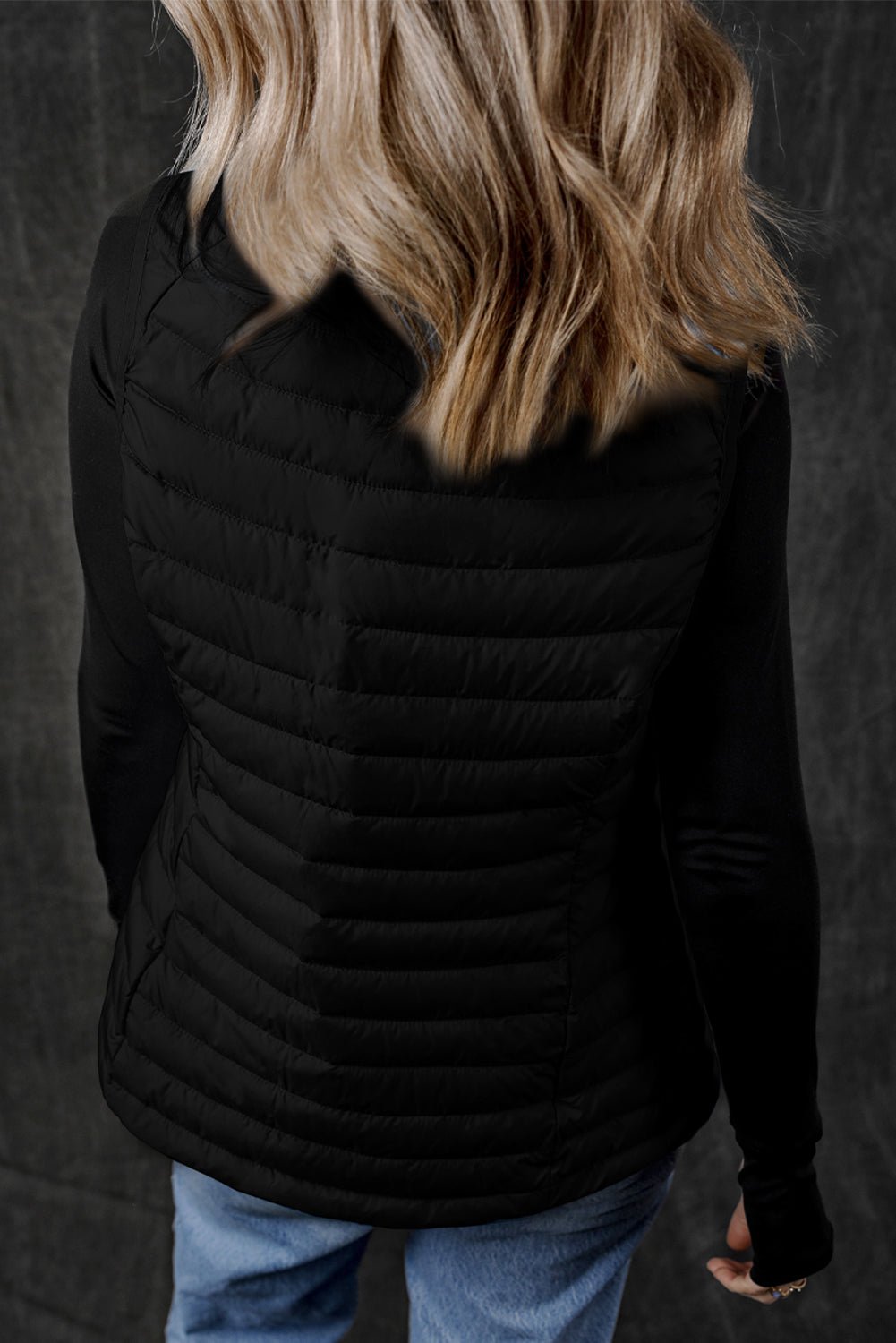 Black Plush Collared Quilted Zipped Puffer Vest - Crowned Energy CO.