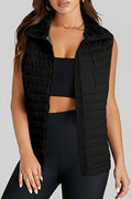 Black Plush Collared Quilted Zipped Puffer Vest - Crowned Energy CO.