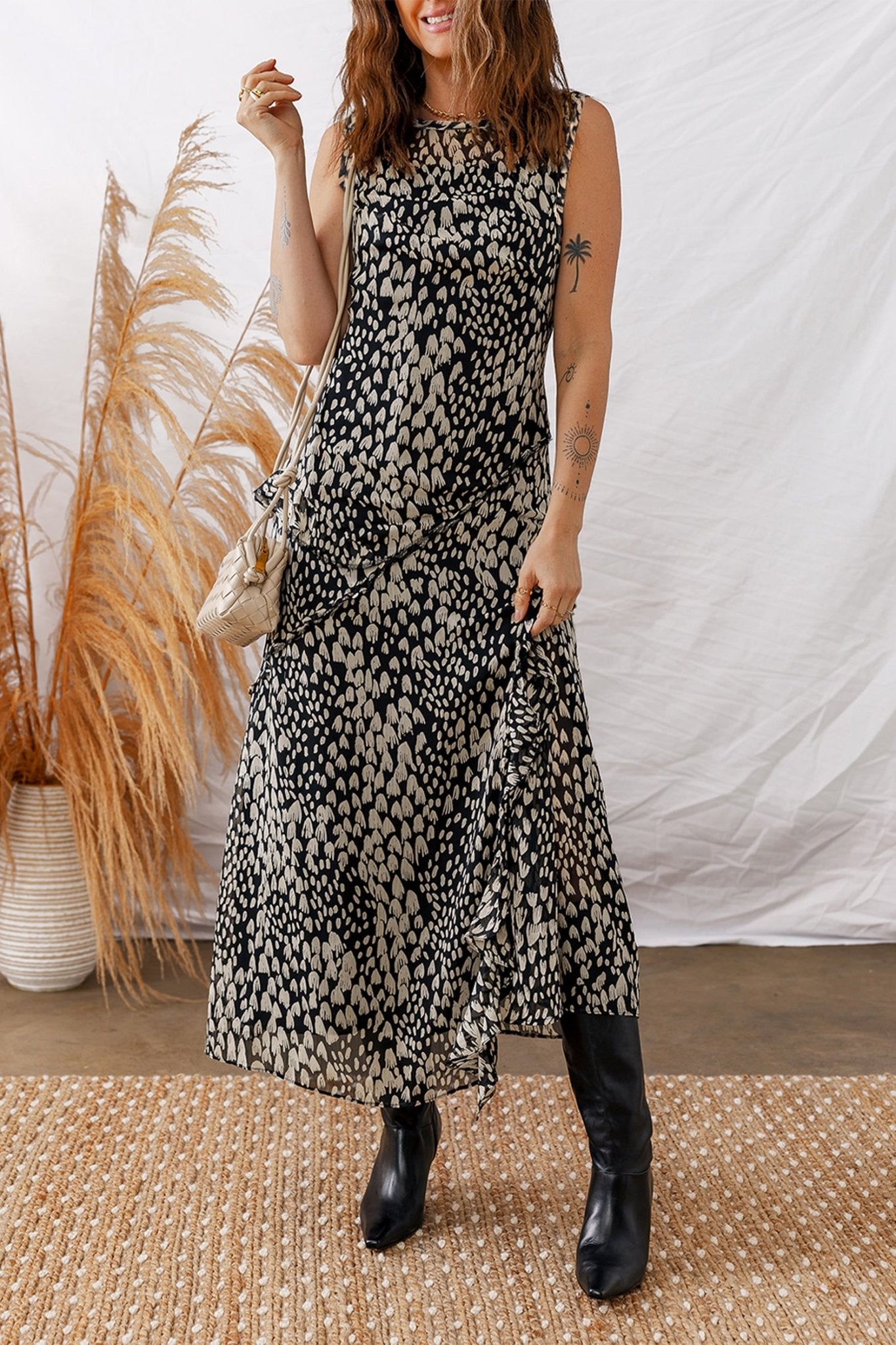 Black Printed Sleeveless Maxi Dress - Crowned Energy CO.