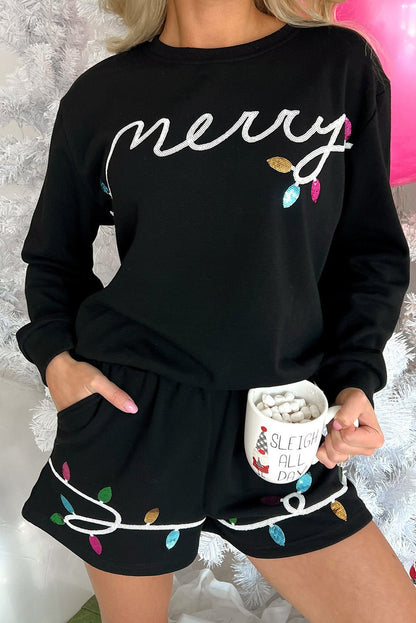Black Sequin Merry Graphic Pullover and Shorts Outfit - Goddess Vibes