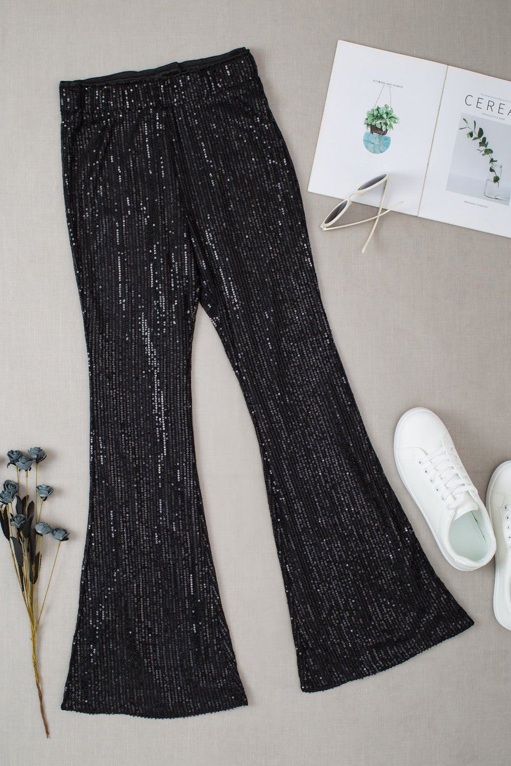 Black Sequin Wide Leg Pants - Crowned Energy CO.