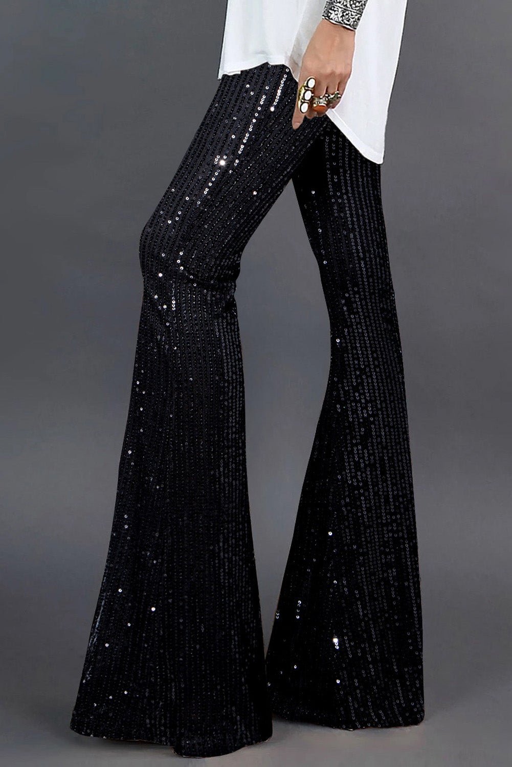 Black Sequin Wide Leg Pants - Crowned Energy CO.