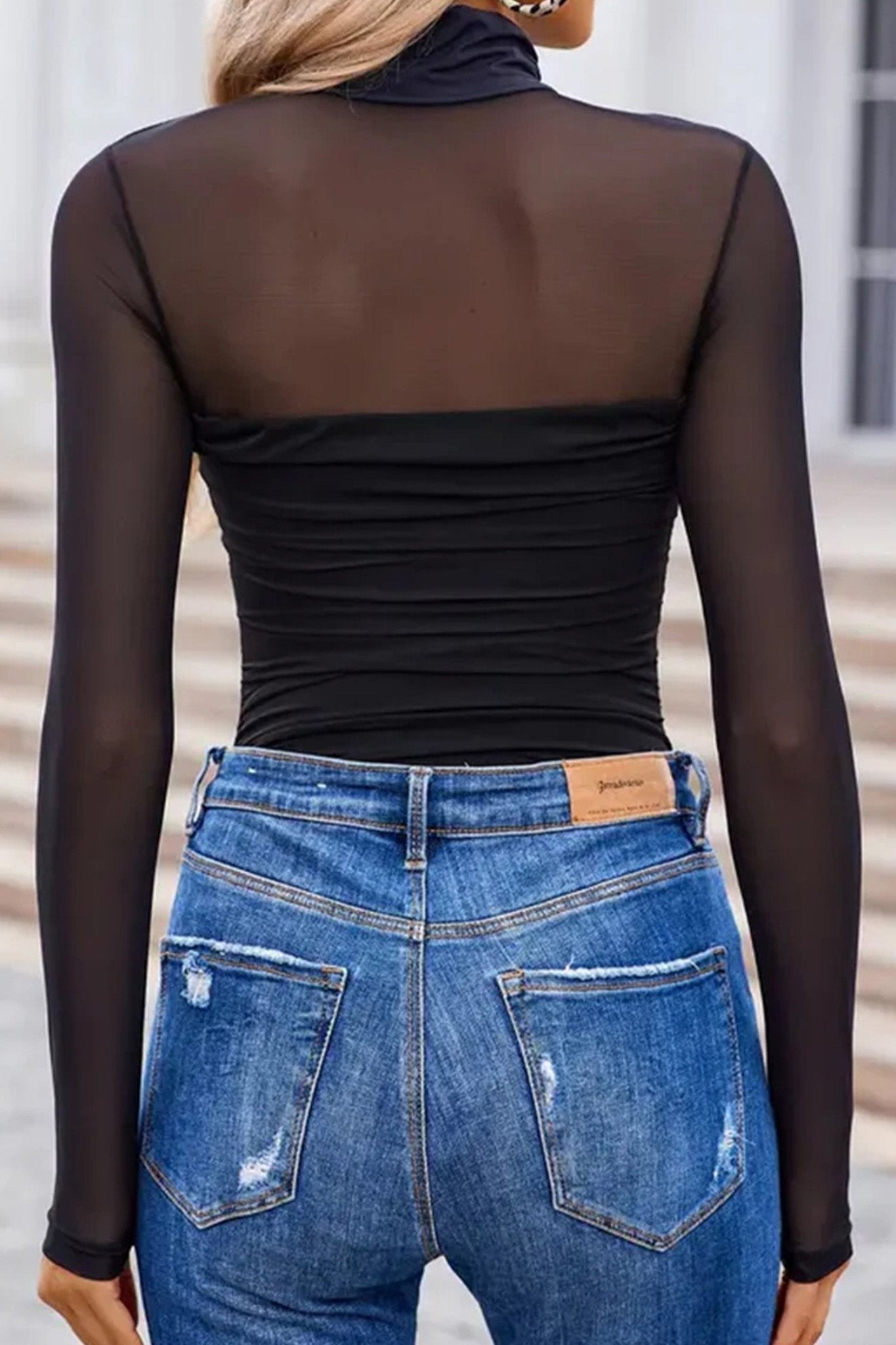 Black Sheer Mesh Patchwork High Neck Long Sleeve Top - Crowned Energy CO.