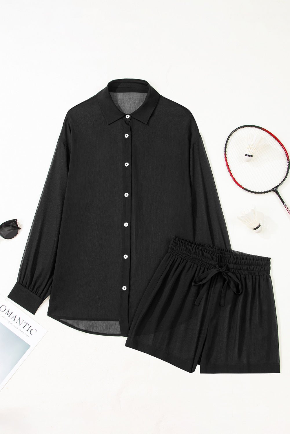 Black Sheer Tunic Shirt Drawstring Shorts 2pcs Swim Cover Up - Crowned Energy CO.