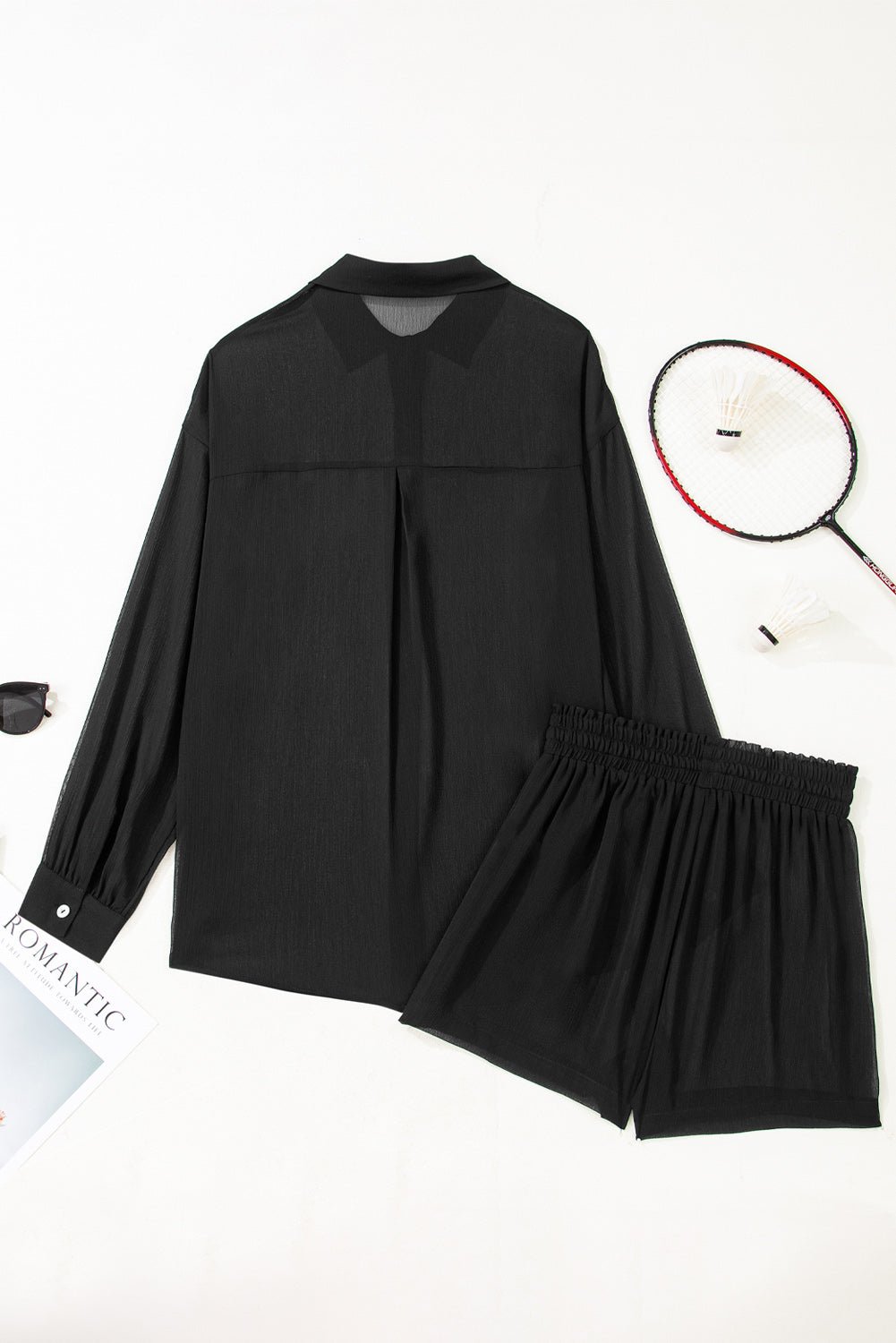 Black Sheer Tunic Shirt Drawstring Shorts 2pcs Swim Cover Up - Crowned Energy CO.