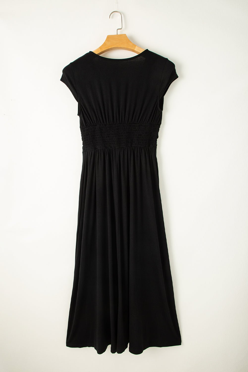 Crowned Energy CO. Black / S / 65%Polyester+30%Viscose+5%Elastane Dear-Lover Dropshipping Dresses Black Short Sleeve Shirred High Waist V Neck Maxi Dress