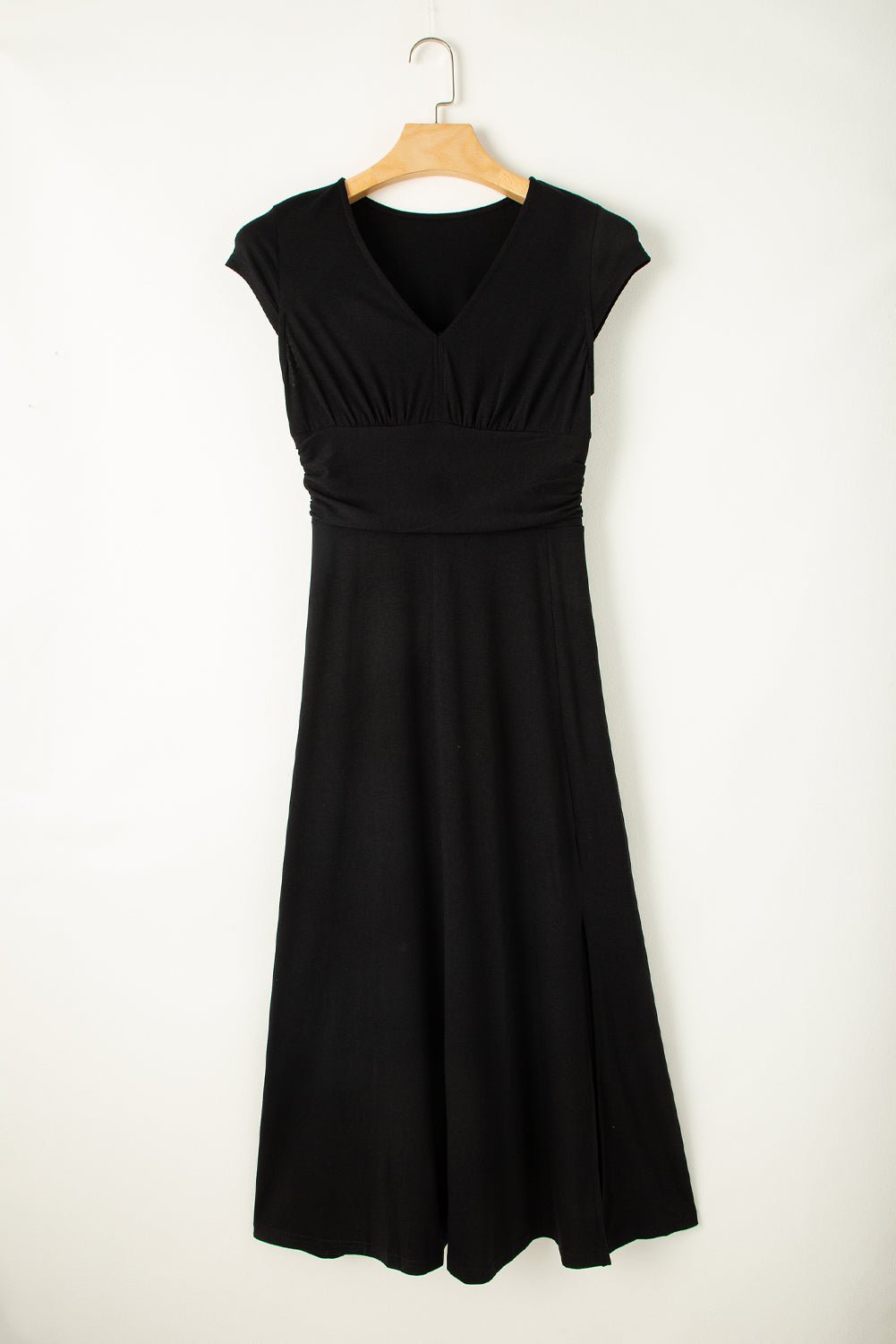 Crowned Energy CO. Black / S / 65%Polyester+30%Viscose+5%Elastane Dear-Lover Dropshipping Dresses Black Short Sleeve Shirred High Waist V Neck Maxi Dress