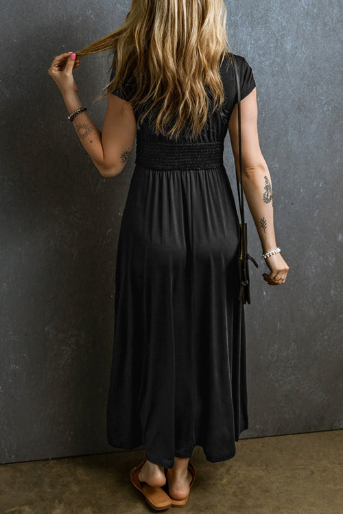 Crowned Energy CO. Black / S / 65%Polyester+30%Viscose+5%Elastane Dear-Lover Dropshipping Dresses Black Short Sleeve Shirred High Waist V Neck Maxi Dress