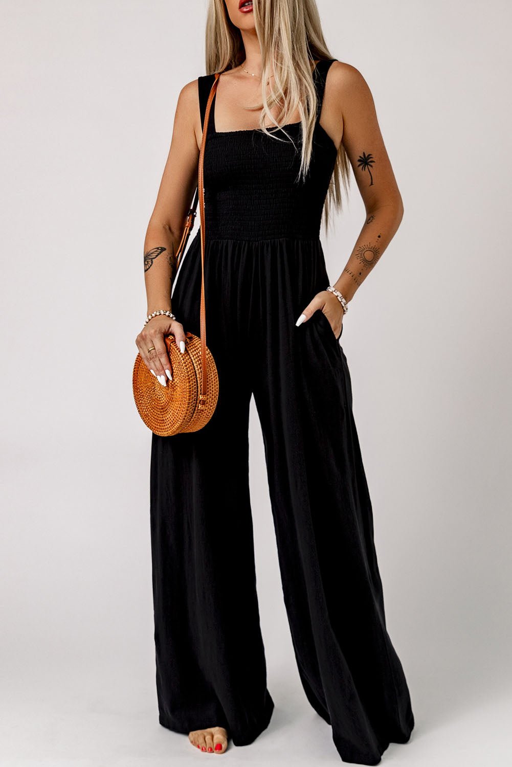 Black Smocked Sleeveless Wide Leg Jumpsuit with Pockets - Crowned Energy CO.