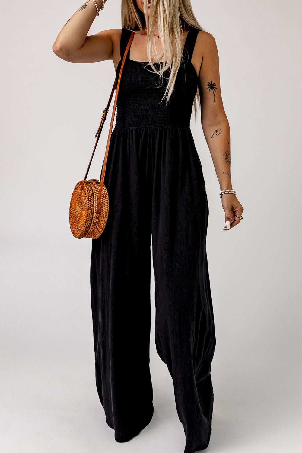 Black Smocked Sleeveless Wide Leg Jumpsuit with Pockets - Crowned Energy CO.