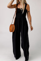 Black Smocked Sleeveless Wide Leg Jumpsuit with Pockets - Crowned Energy CO.