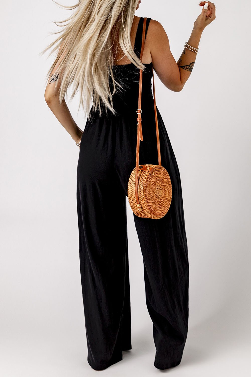Black Smocked Sleeveless Wide Leg Jumpsuit with Pockets - Crowned Energy CO.