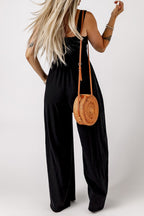 Black Smocked Sleeveless Wide Leg Jumpsuit with Pockets - Crowned Energy CO.