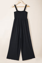 Black Smocked Sleeveless Wide Leg Jumpsuit with Pockets - Crowned Energy CO.