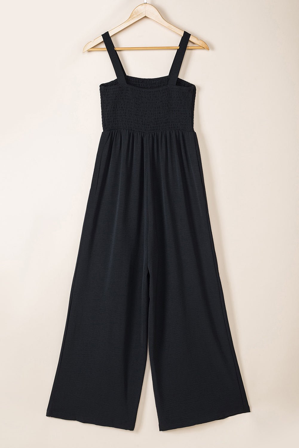 Black Smocked Sleeveless Wide Leg Jumpsuit with Pockets - Crowned Energy CO.