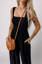 Black Smocked Sleeveless Wide Leg Jumpsuit with Pockets - Crowned Energy CO.